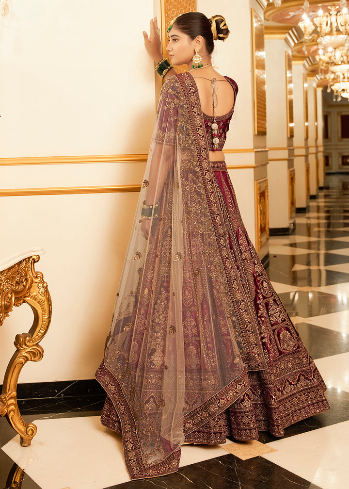 Buy Now Maroon Lycra Velvet Embroidered Designer Lehenga Choli Online in USA, UK, France, UAE & Worldwide at Empress Clothing.