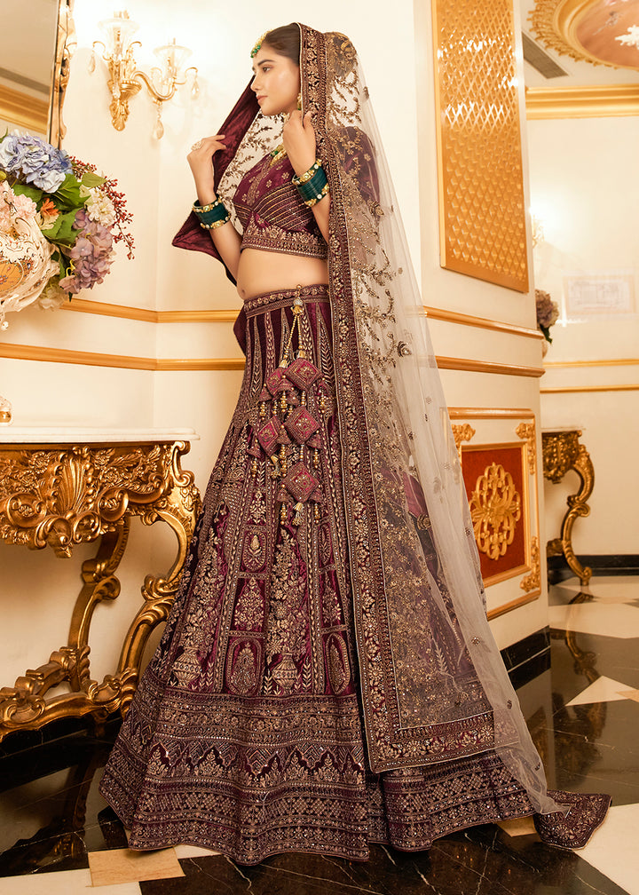 Buy Now Maroon Lycra Velvet Embroidered Designer Lehenga Choli Online in USA, UK, France, UAE & Worldwide at Empress Clothing.