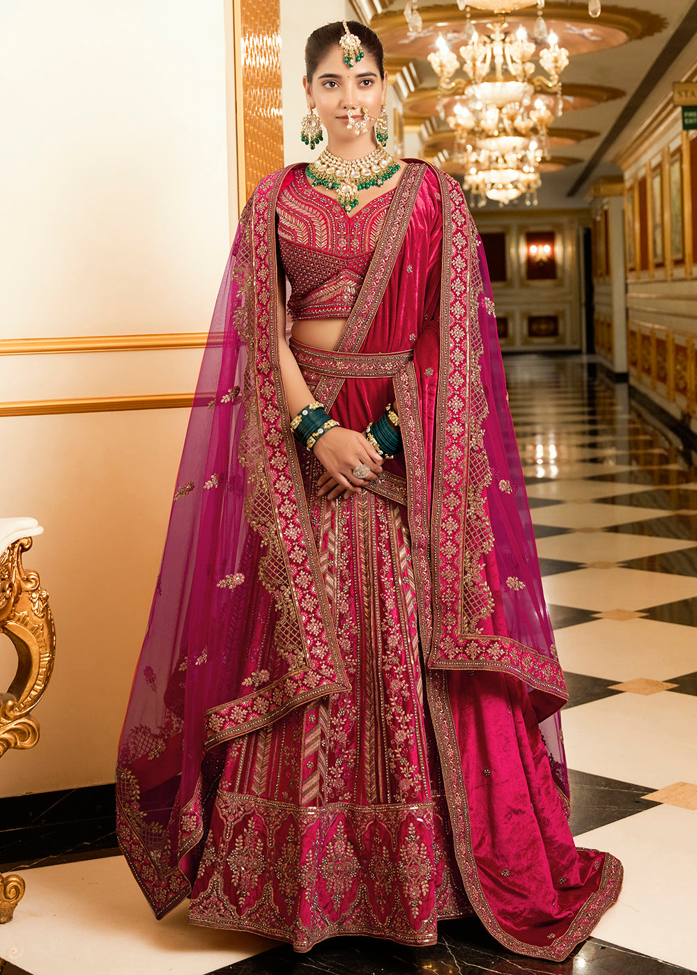 Buy Now Rani Pink Lycra Velvet Embroidered Designer Lehenga Choli Online in USA, UK, France, UAE & Worldwide at Empress Clothing.