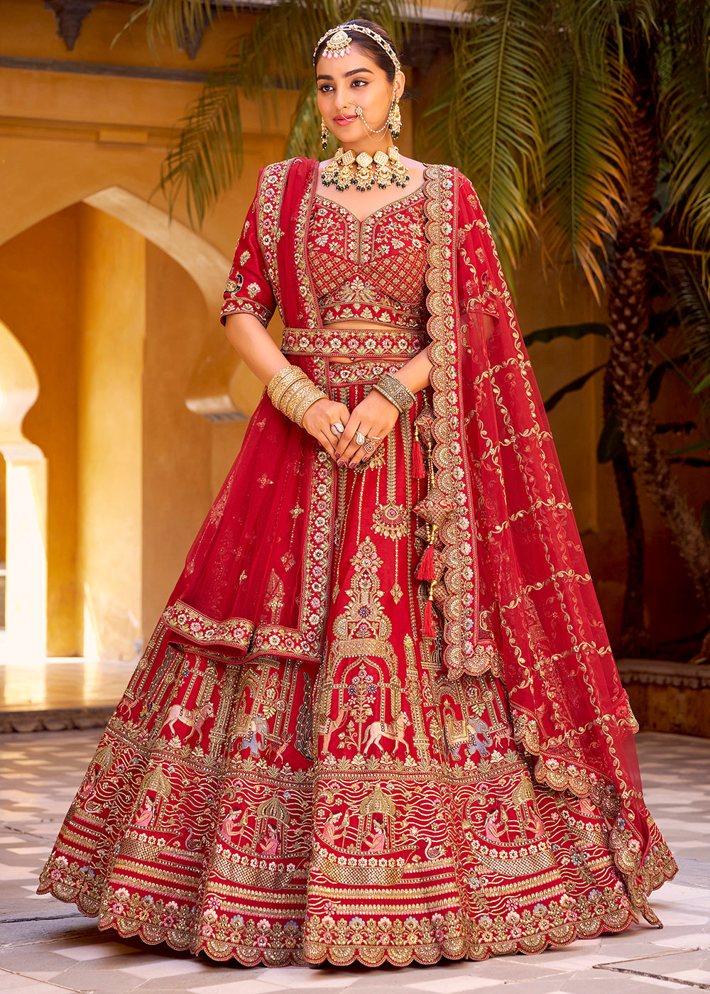 Buy Now Traditional Red Bridal Style Embroidered Lehenga Choli Online in US, UK, Canada, France, Italy, Germany, Greece, Malta, Spain & Worldwide at Empress.