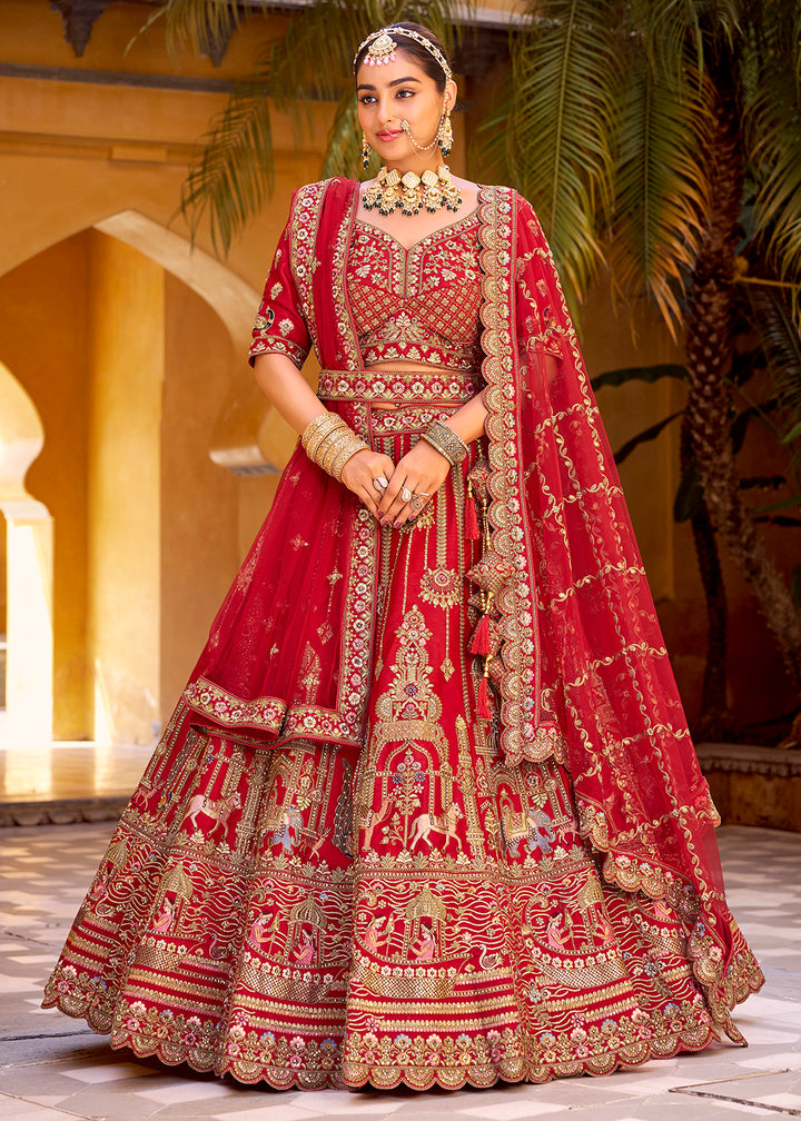 Buy Now Traditional Red Bridal Style Embroidered Lehenga Choli Online in US, UK, Canada, France, Italy, Germany, Greece, Malta, Spain & Worldwide at Empress.
