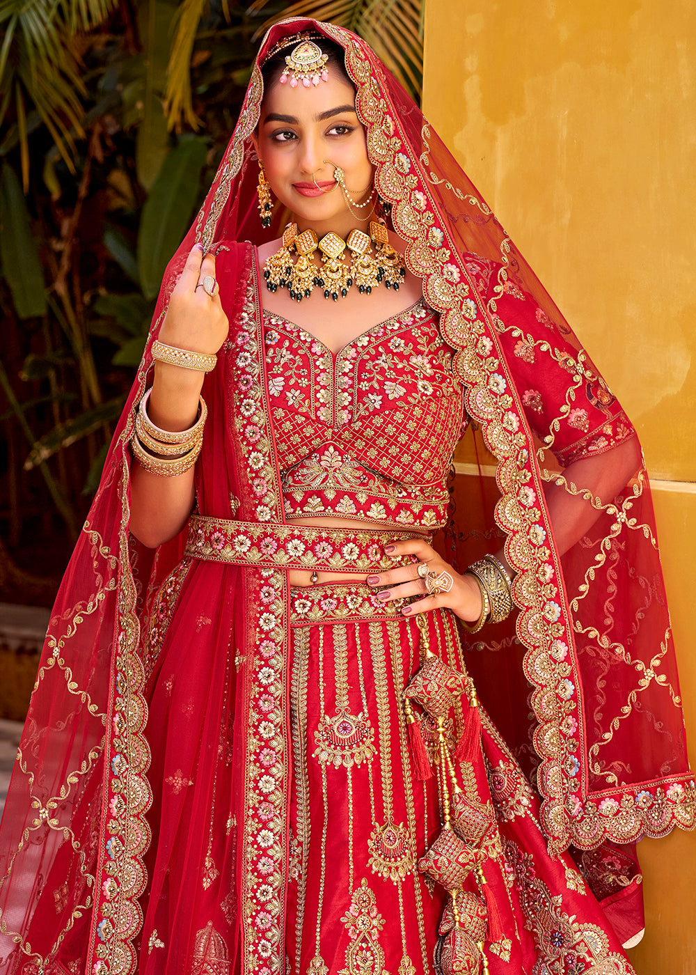 Buy Now Traditional Red Bridal Style Embroidered Lehenga Choli Online in US, UK, Canada, France, Italy, Germany, Greece, Malta, Spain & Worldwide at Empress.
