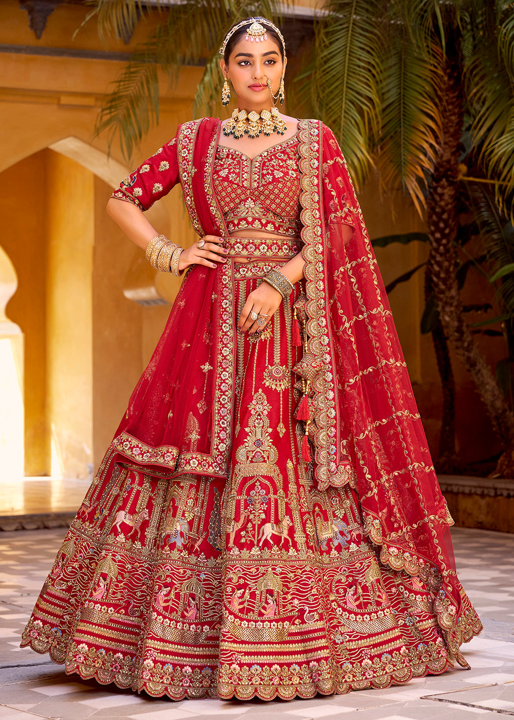 Buy Now Traditional Red Bridal Style Embroidered Lehenga Choli Online in US, UK, Canada, France, Italy, Germany, Greece, Malta, Spain & Worldwide at Empress.