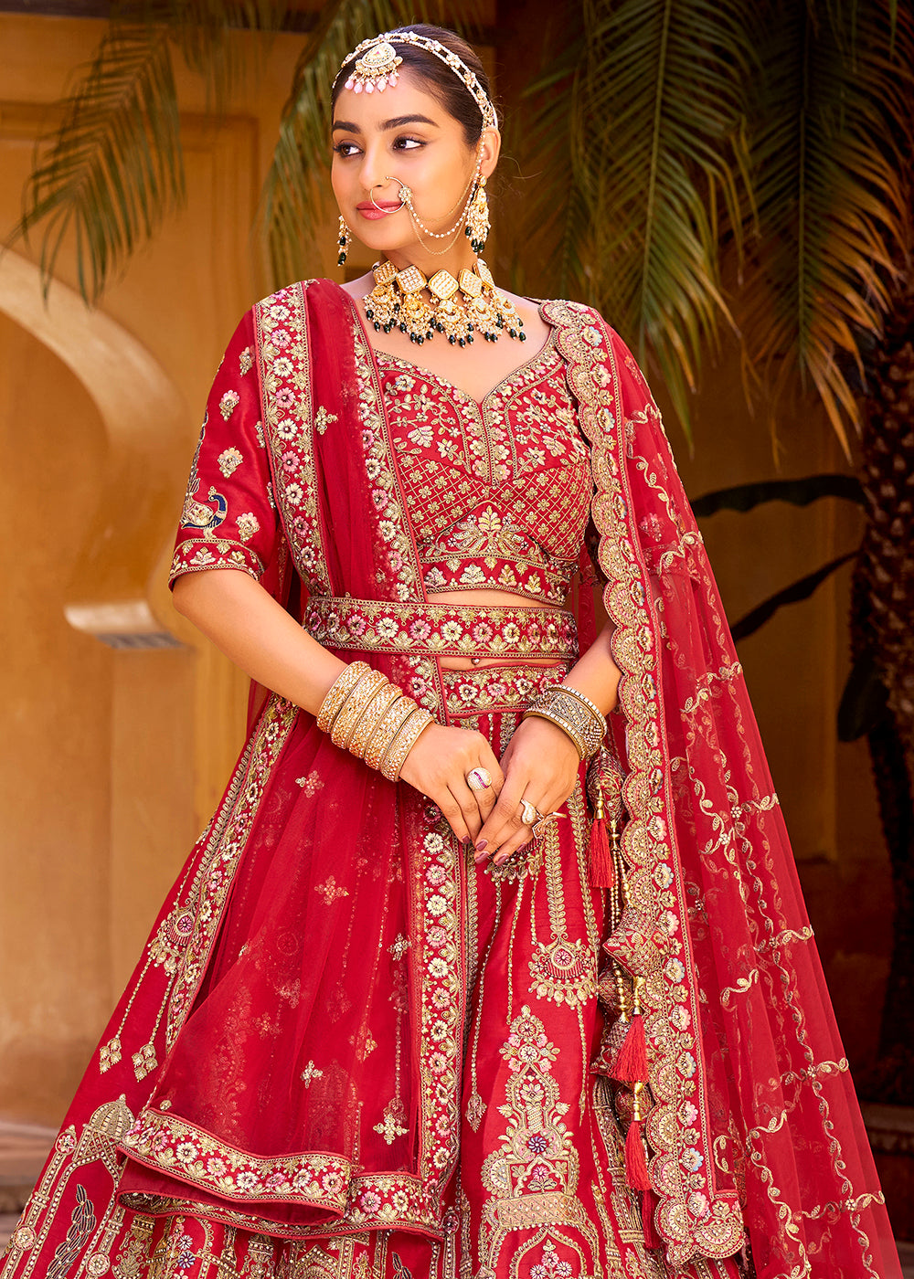 Buy Now Traditional Red Bridal Style Embroidered Lehenga Choli Online in US, UK, Canada, France, Italy, Germany, Greece, Malta, Spain & Worldwide at Empress.
