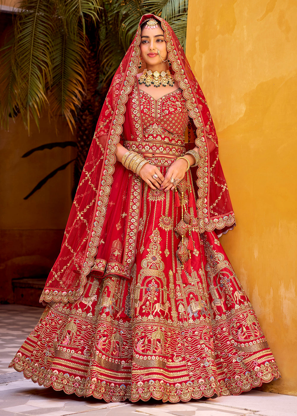 Buy Now Traditional Red Bridal Style Embroidered Lehenga Choli Online in US, UK, Canada, France, Italy, Germany, Greece, Malta, Spain & Worldwide at Empress.