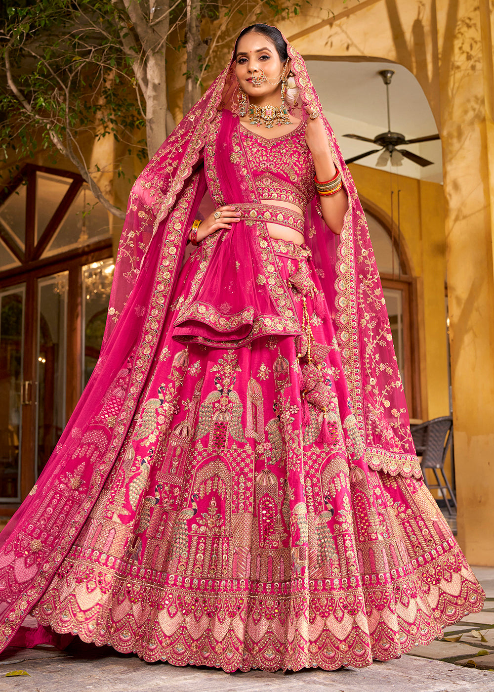Buy Now Traditional Pink Bridal Style Embroidered Lehenga Choli Online in US, UK, Canada, France, Italy, Germany, Greece, Malta, Spain & Worldwide at Empress.