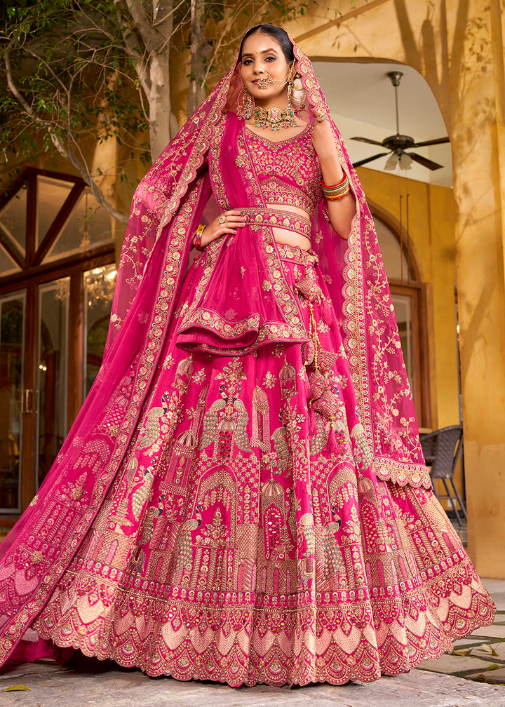 Buy Now Traditional Pink Bridal Style Embroidered Lehenga Choli Online in US, UK, Canada, France, Italy, Germany, Greece, Malta, Spain & Worldwide at Empress.