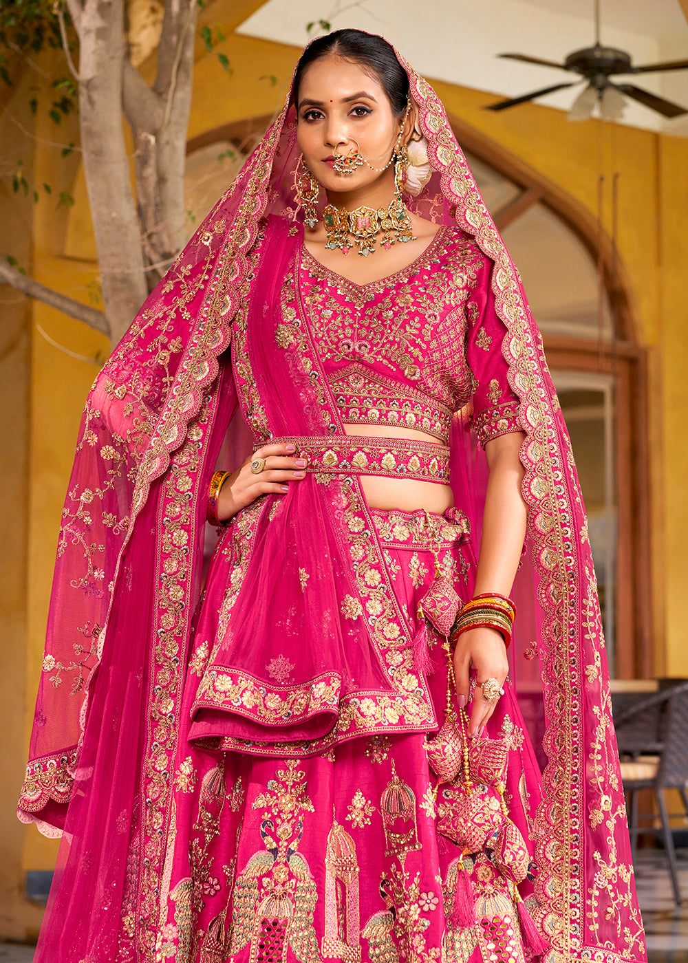 Buy Now Traditional Pink Bridal Style Embroidered Lehenga Choli Online in US, UK, Canada, France, Italy, Germany, Greece, Malta, Spain & Worldwide at Empress.