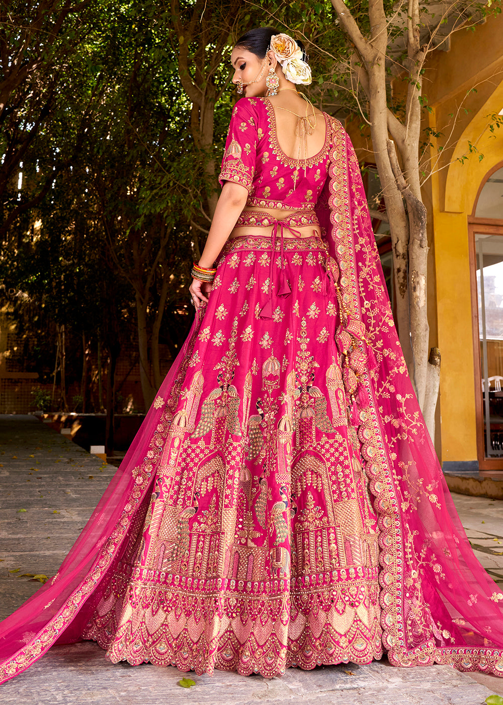 Buy Now Traditional Pink Bridal Style Embroidered Lehenga Choli Online in US, UK, Canada, France, Italy, Germany, Greece, Malta, Spain & Worldwide at Empress.