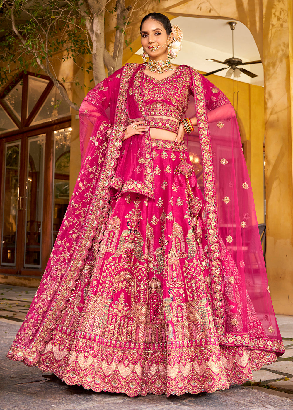 Buy Now Traditional Pink Bridal Style Embroidered Lehenga Choli Online in US, UK, Canada, France, Italy, Germany, Greece, Malta, Spain & Worldwide at Empress.