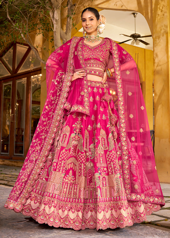 Buy Now Traditional Pink Bridal Style Embroidered Lehenga Choli Online in US, UK, Canada, France, Italy, Germany, Greece, Malta, Spain & Worldwide at Empress.