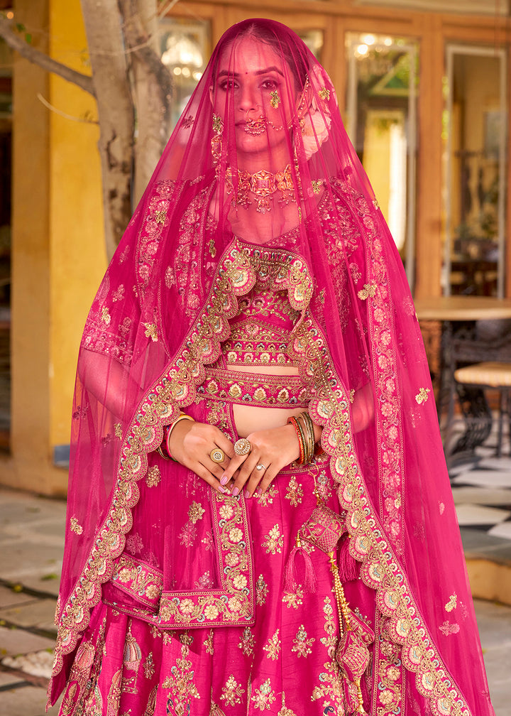 Buy Now Traditional Pink Bridal Style Embroidered Lehenga Choli Online in US, UK, Canada, France, Italy, Germany, Greece, Malta, Spain & Worldwide at Empress.