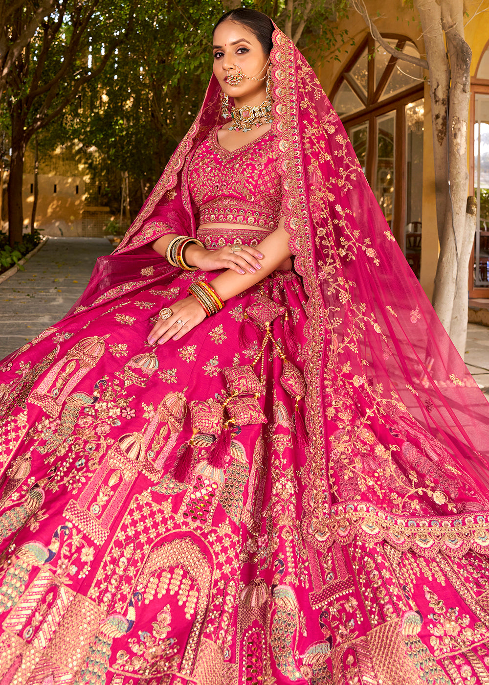 Buy Now Traditional Pink Bridal Style Embroidered Lehenga Choli Online in US, UK, Canada, France, Italy, Germany, Greece, Malta, Spain & Worldwide at Empress.