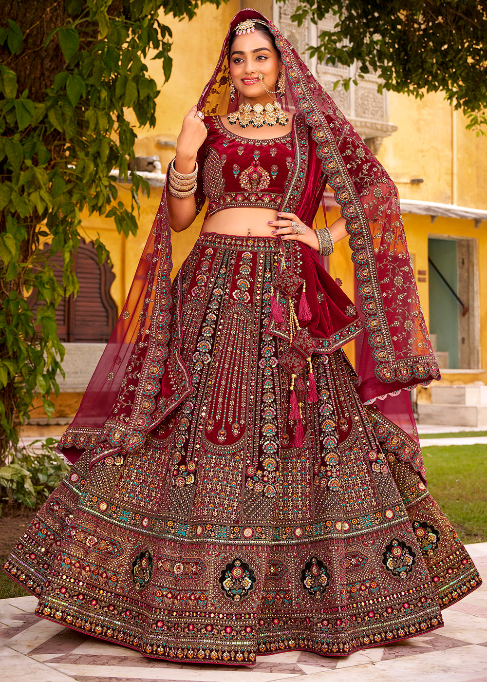 Buy Now Traditional Maroon Bridal Style Embroidered Lehenga Choli Online in US, UK, Canada, France, Italy, Germany, Greece, Malta, Spain & Worldwide at Empress.