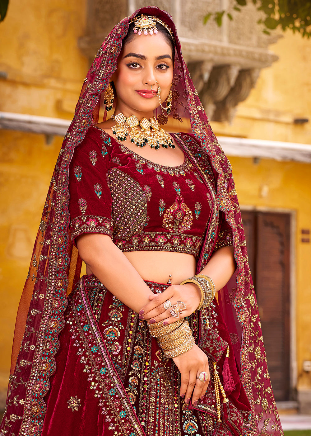 Buy Now Traditional Maroon Bridal Style Embroidered Lehenga Choli Online in US, UK, Canada, France, Italy, Germany, Greece, Malta, Spain & Worldwide at Empress.
