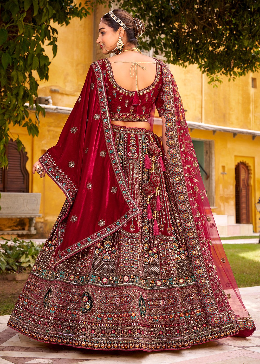 Buy Now Traditional Maroon Bridal Style Embroidered Lehenga Choli Online in US, UK, Canada, France, Italy, Germany, Greece, Malta, Spain & Worldwide at Empress.
