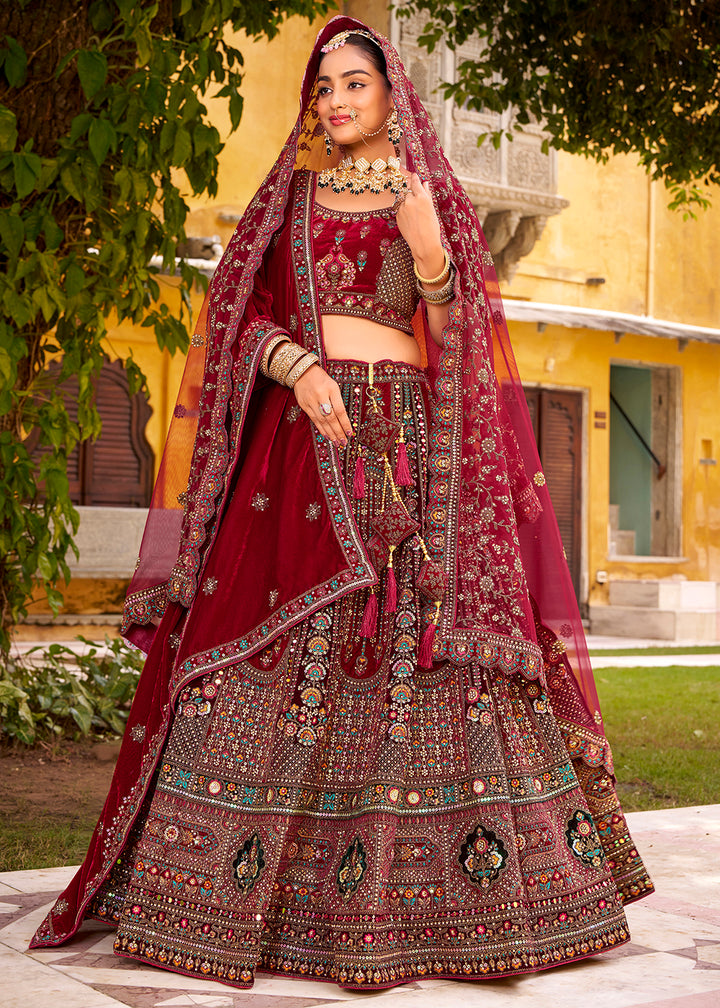 Buy Now Traditional Maroon Bridal Style Embroidered Lehenga Choli Online in US, UK, Canada, France, Italy, Germany, Greece, Malta, Spain & Worldwide at Empress.