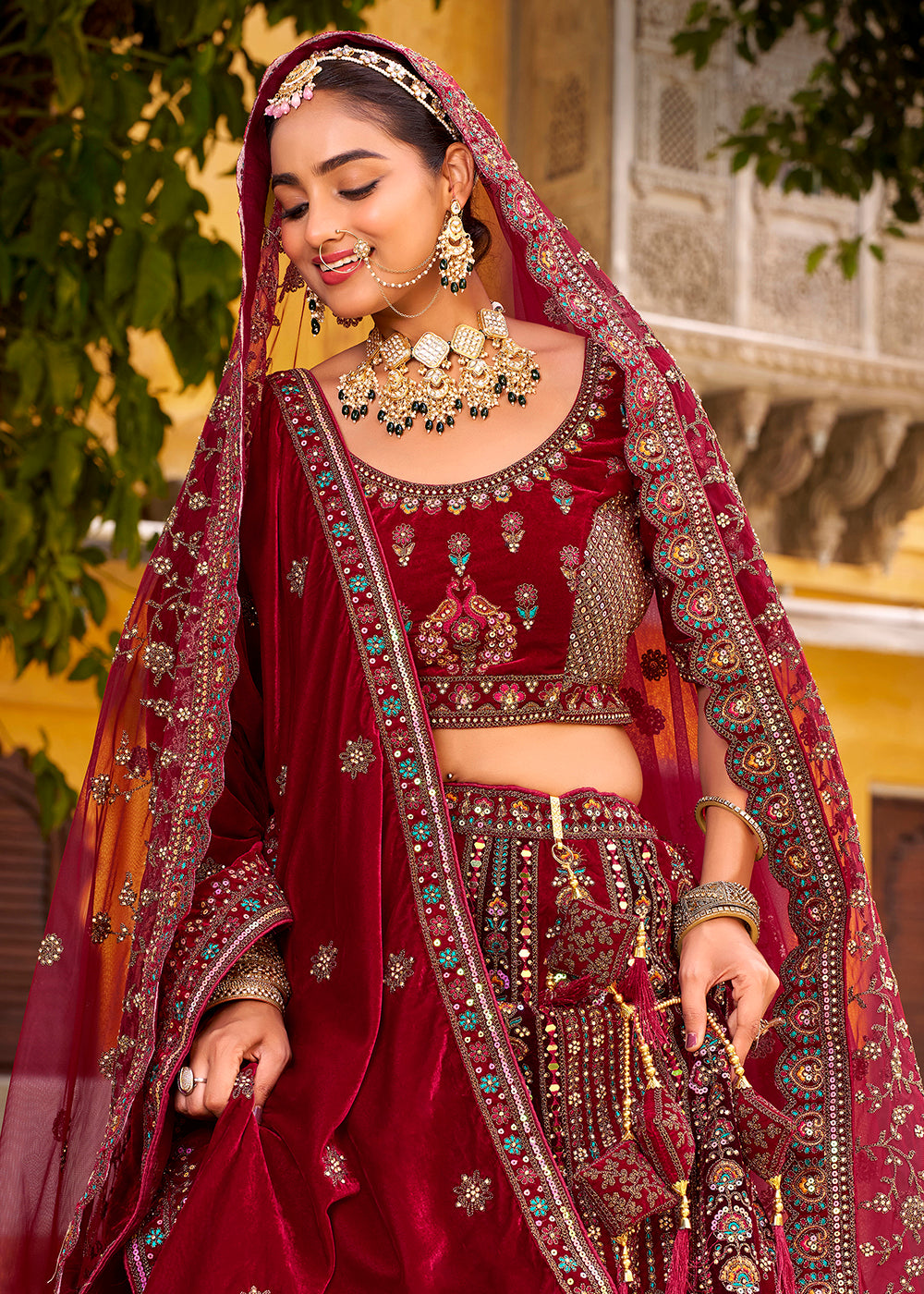 Buy Now Traditional Maroon Bridal Style Embroidered Lehenga Choli Online in US, UK, Canada, France, Italy, Germany, Greece, Malta, Spain & Worldwide at Empress.