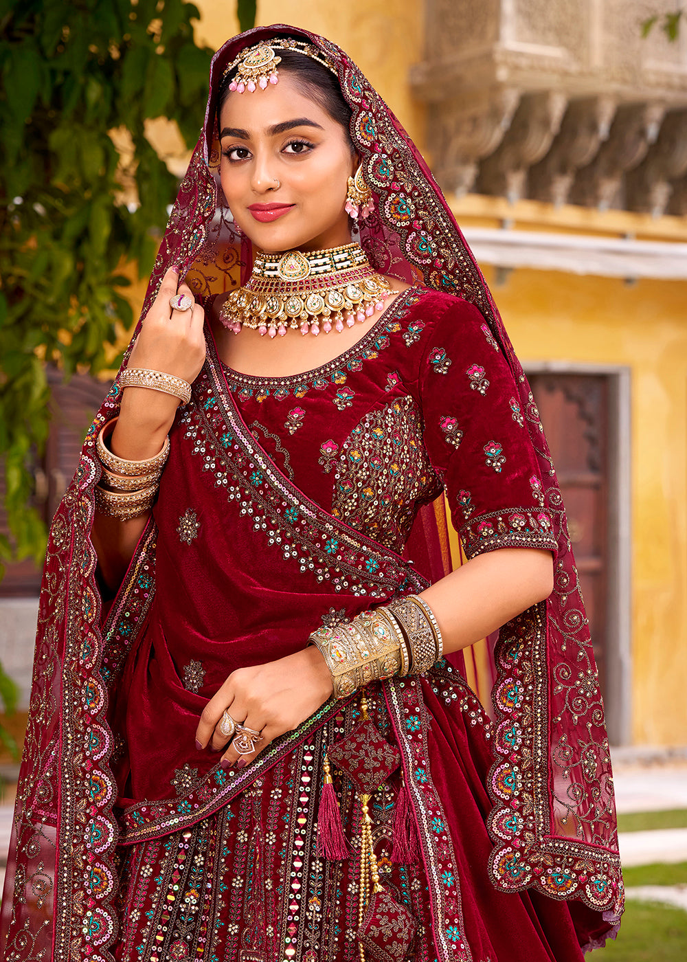 Buy Now Maroon Traditional Bridal Style Embroidered Lehenga Choli Online in US, UK, Canada, France, Italy, Germany, Greece, Malta, Spain & Worldwide at Empress.