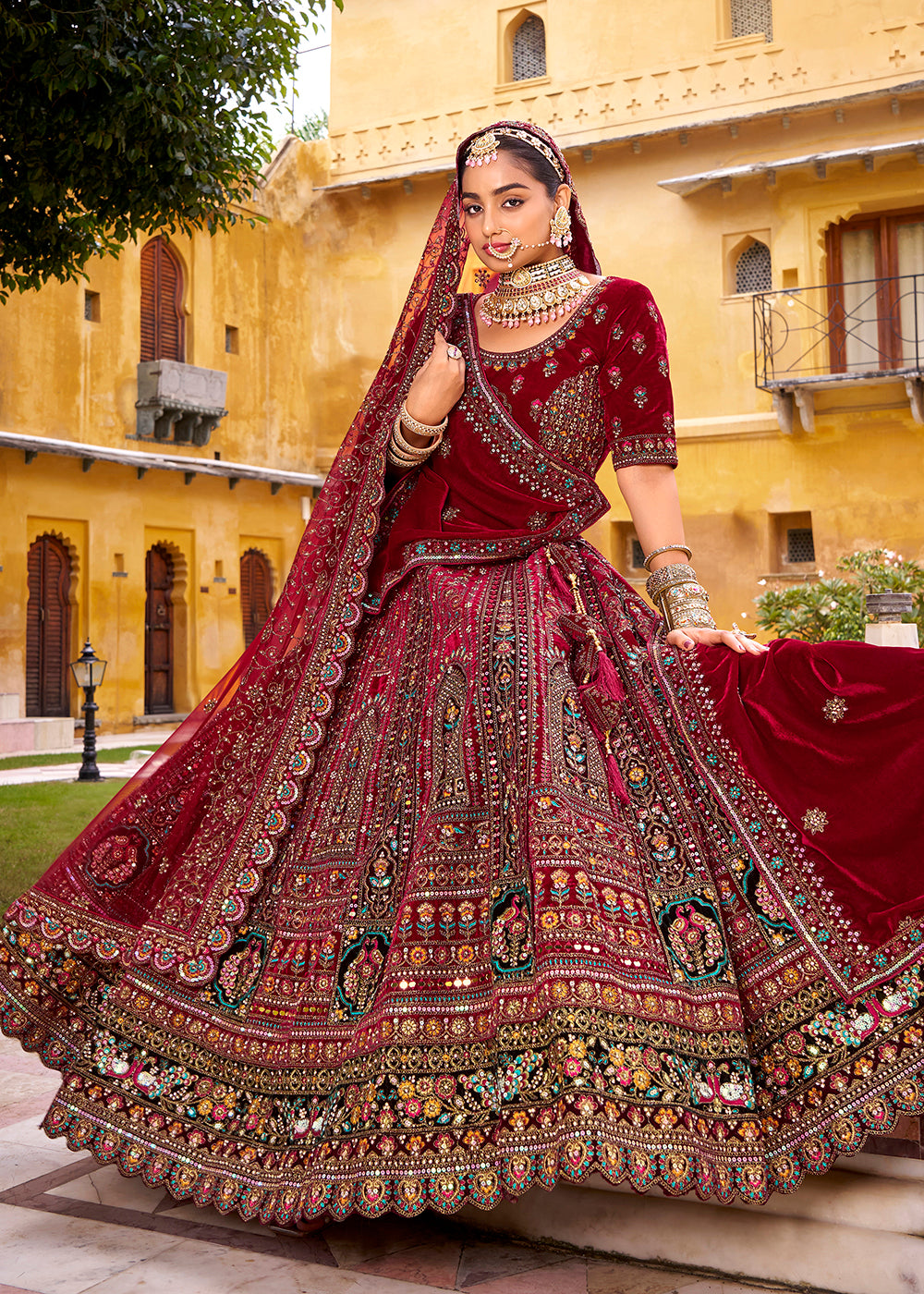 Buy Now Maroon Traditional Bridal Style Embroidered Lehenga Choli Online in US, UK, Canada, France, Italy, Germany, Greece, Malta, Spain & Worldwide at Empress.