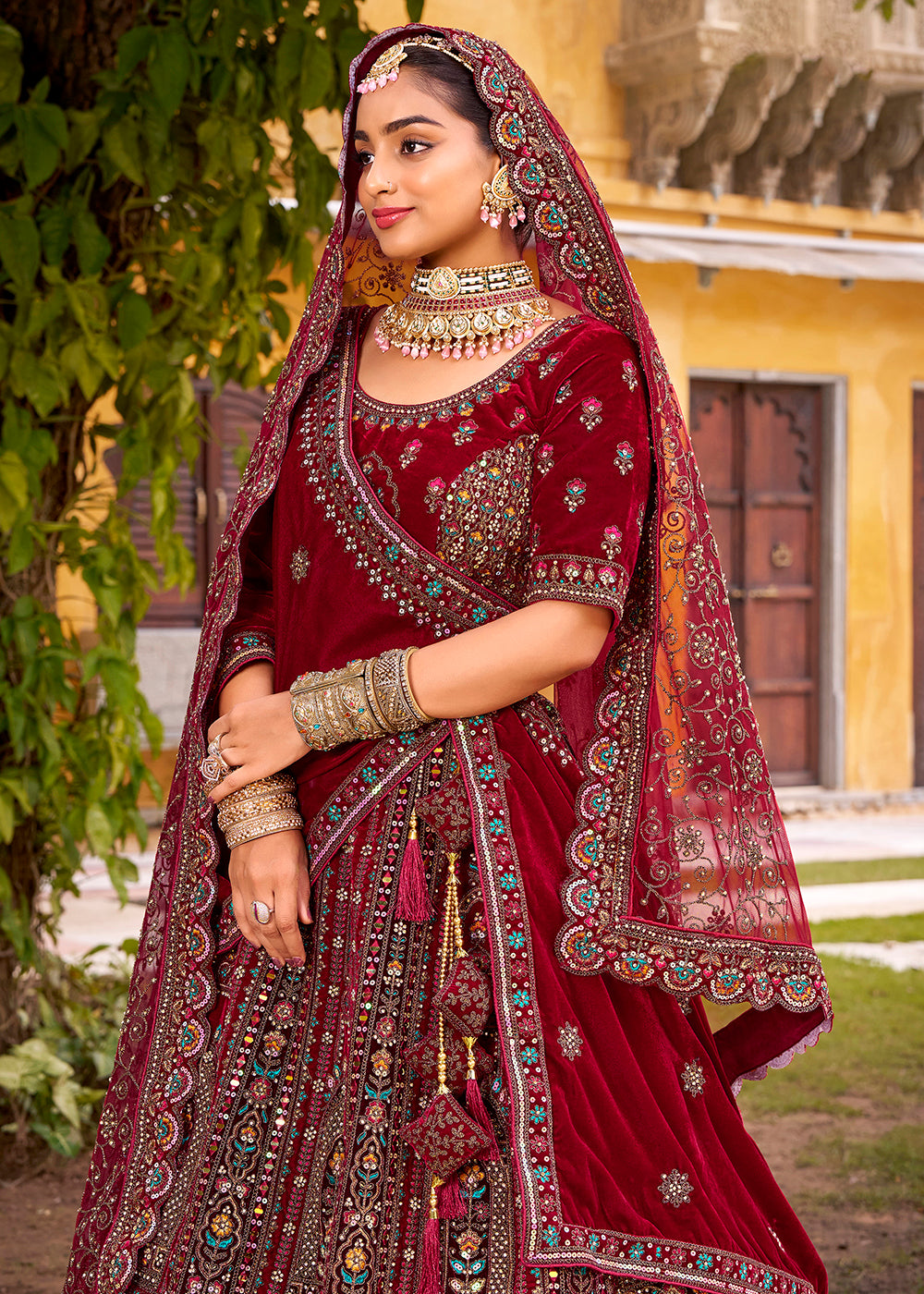 Buy Now Maroon Traditional Bridal Style Embroidered Lehenga Choli Online in US, UK, Canada, France, Italy, Germany, Greece, Malta, Spain & Worldwide at Empress.