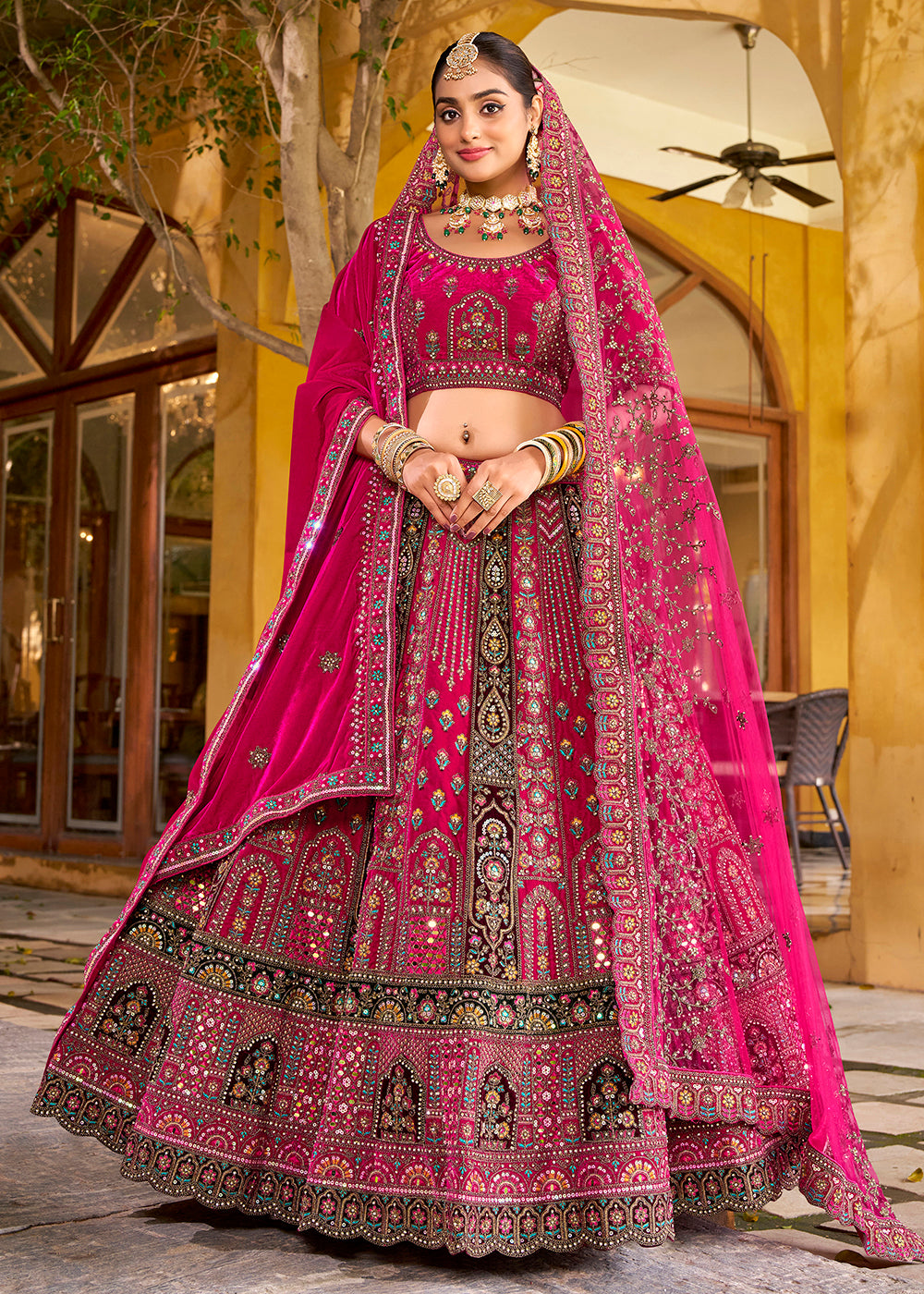 Buy Now Rani Pink Traditional Bridal Style Embroidered Lehenga Choli Online in US, UK, Canada, France, Italy, Germany, Greece, Malta & Worldwide at Empress.