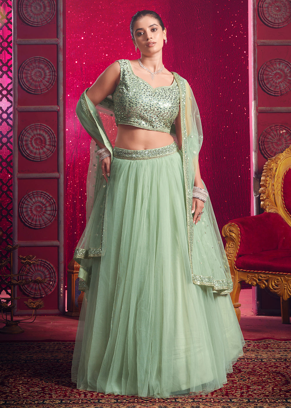 Buy Now Light Pista Green Sequins Work Reception Lehenga Choli Online in USA, UK, Canada & Worldwide at Empress Clothing.