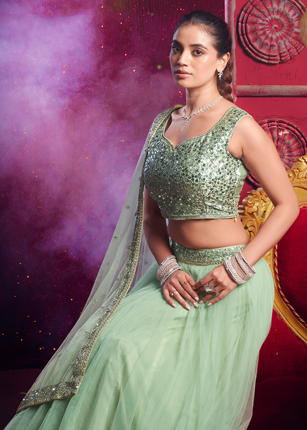 Buy Now Light Pista Green Sequins Work Reception Lehenga Choli Online in USA, UK, Canada & Worldwide at Empress Clothing.