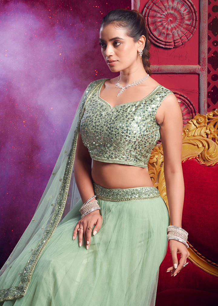 Buy Now Light Pista Green Sequins Work Reception Lehenga Choli Online in USA, UK, Canada & Worldwide at Empress Clothing.