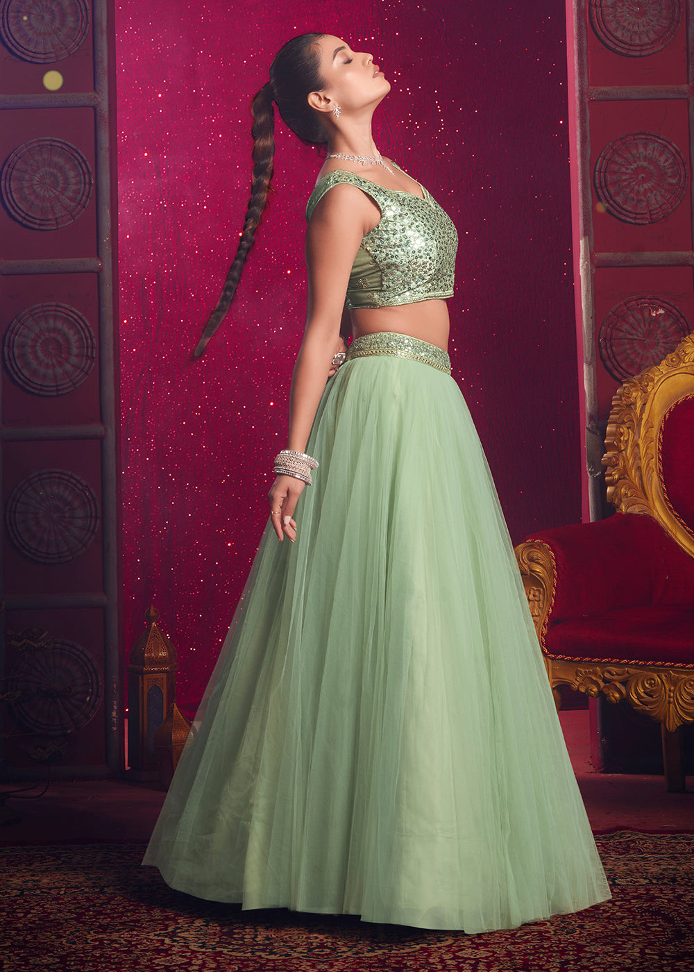 Buy Now Light Pista Green Sequins Work Reception Lehenga Choli Online in USA, UK, Canada & Worldwide at Empress Clothing.