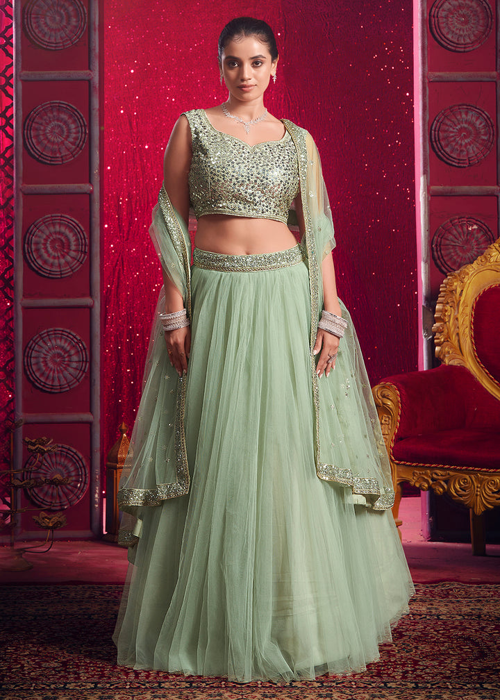 Buy Now Light Pista Green Sequins Work Reception Lehenga Choli Online in USA, UK, Canada & Worldwide at Empress Clothing.