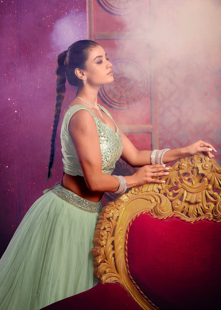 Buy Now Light Pista Green Sequins Work Reception Lehenga Choli Online in USA, UK, Canada & Worldwide at Empress Clothing.