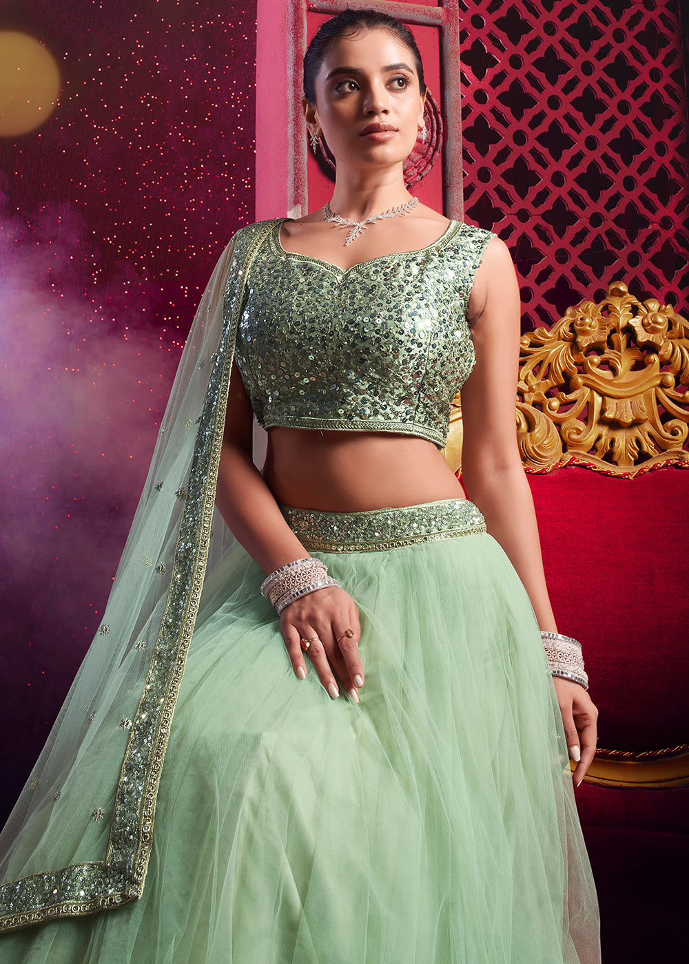 Buy Now Light Pista Green Sequins Work Reception Lehenga Choli Online in USA, UK, Canada & Worldwide at Empress Clothing.