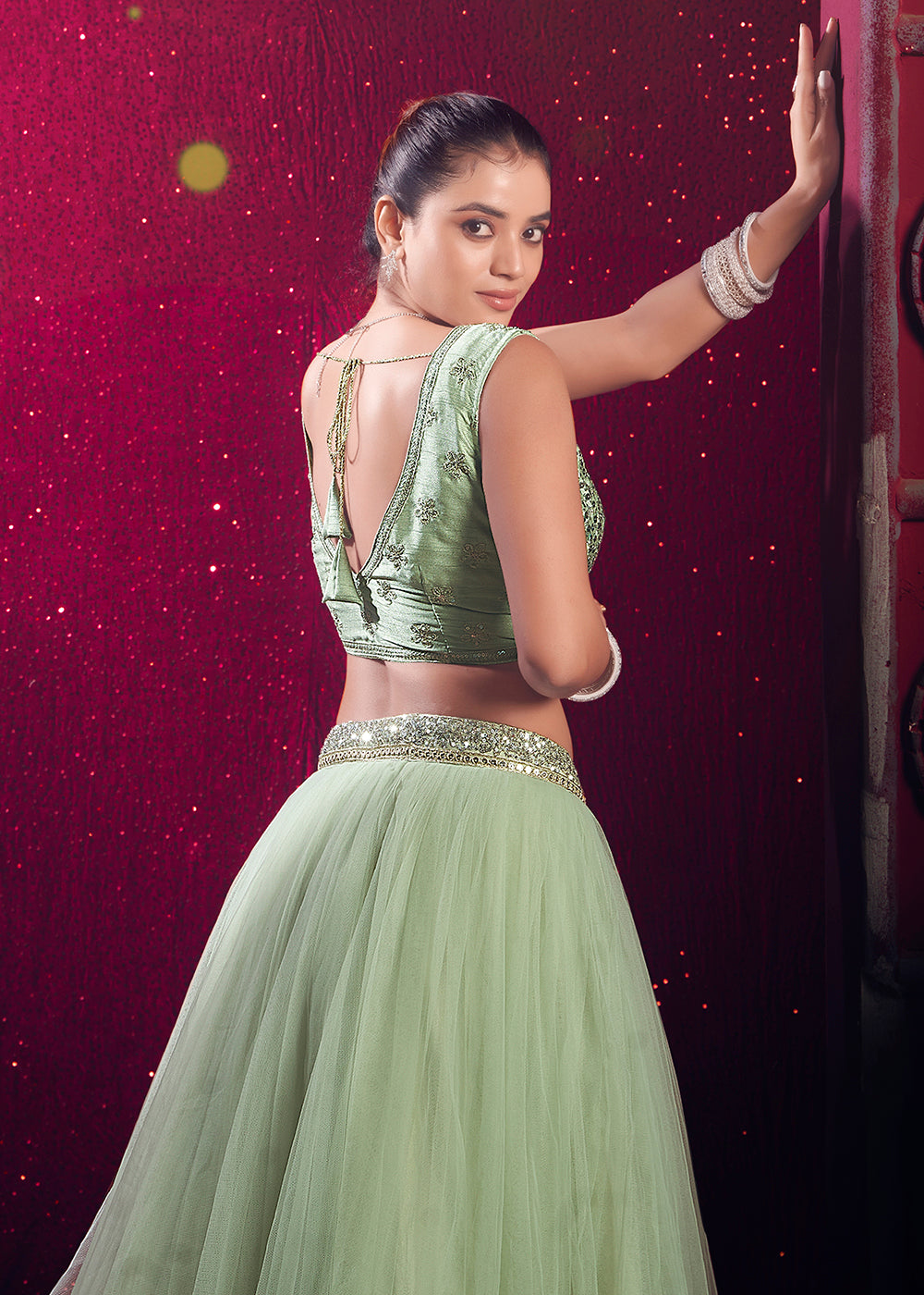 Buy Now Light Pista Green Sequins Work Reception Lehenga Choli Online in USA, UK, Canada & Worldwide at Empress Clothing.