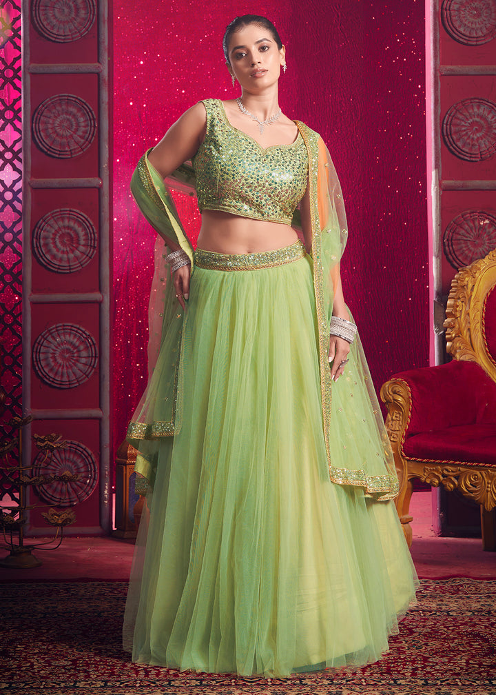 Buy Now Dark Pista Green Sequins Work Reception Lehenga Choli Online in USA, UK, Canada & Worldwide at Empress Clothing. 