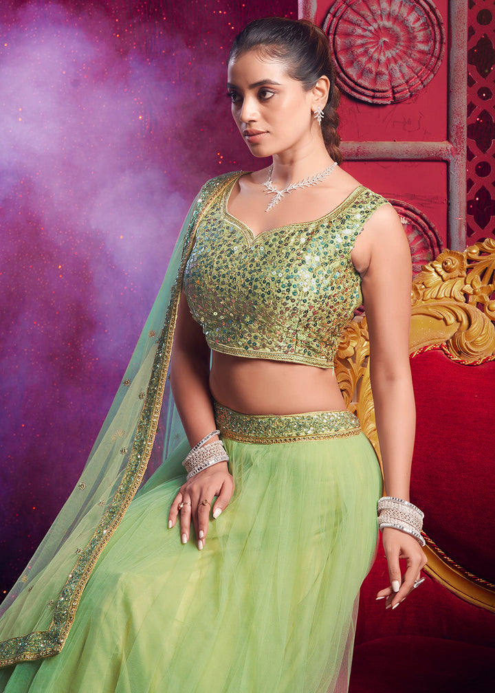 Buy Now Dark Pista Green Sequins Work Reception Lehenga Choli Online in USA, UK, Canada & Worldwide at Empress Clothing. 