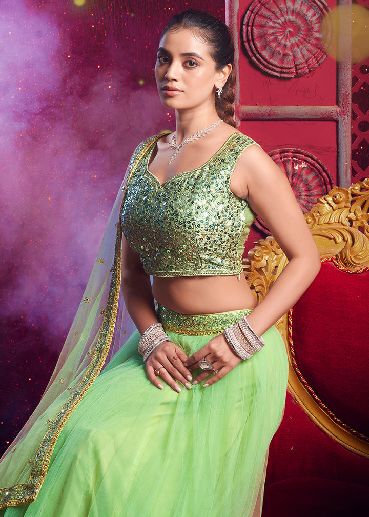 Buy Now Dark Pista Green Sequins Work Reception Lehenga Choli Online in USA, UK, Canada & Worldwide at Empress Clothing. 