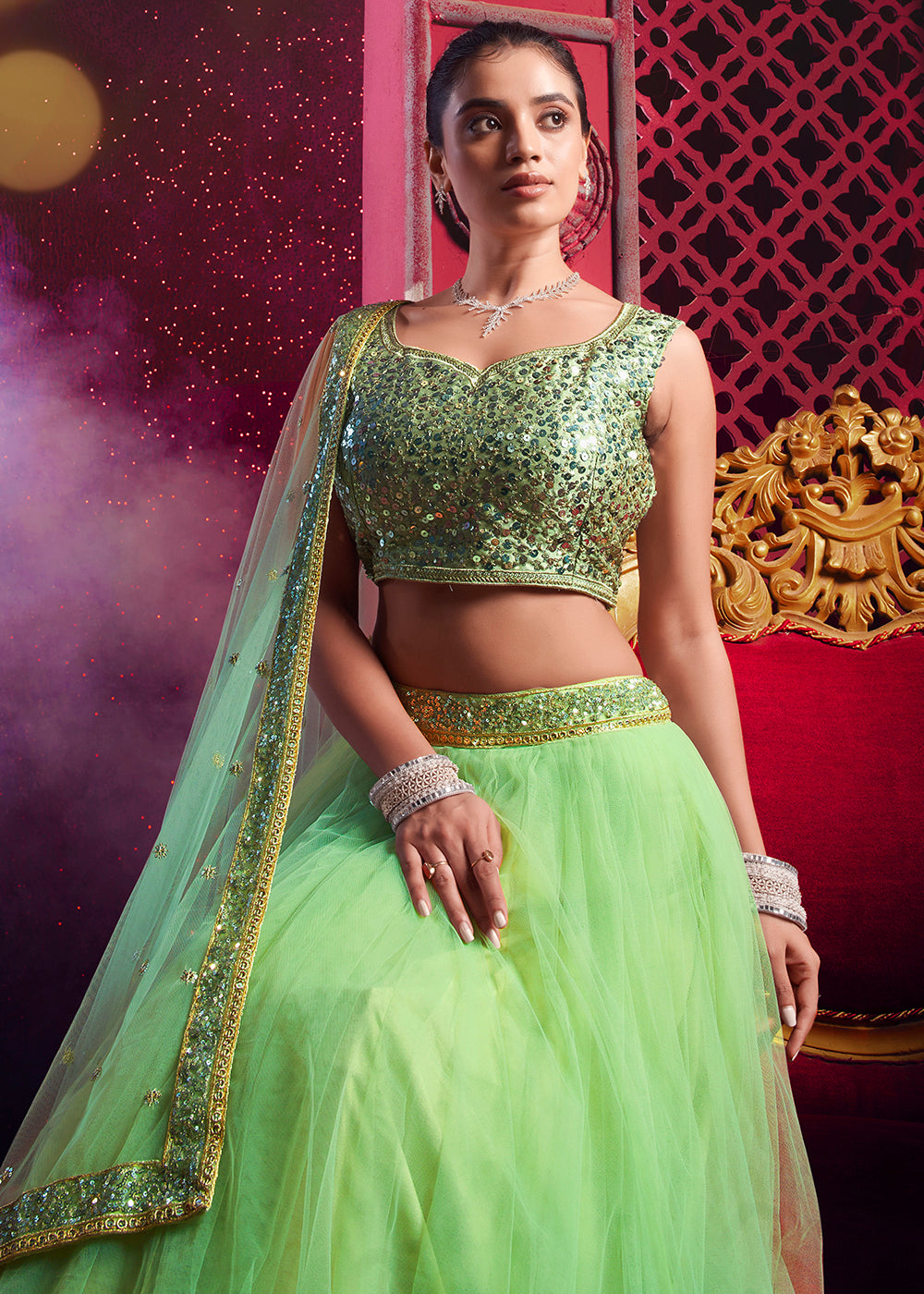 Buy Now Dark Pista Green Sequins Work Reception Lehenga Choli Online in USA, UK, Canada & Worldwide at Empress Clothing. 