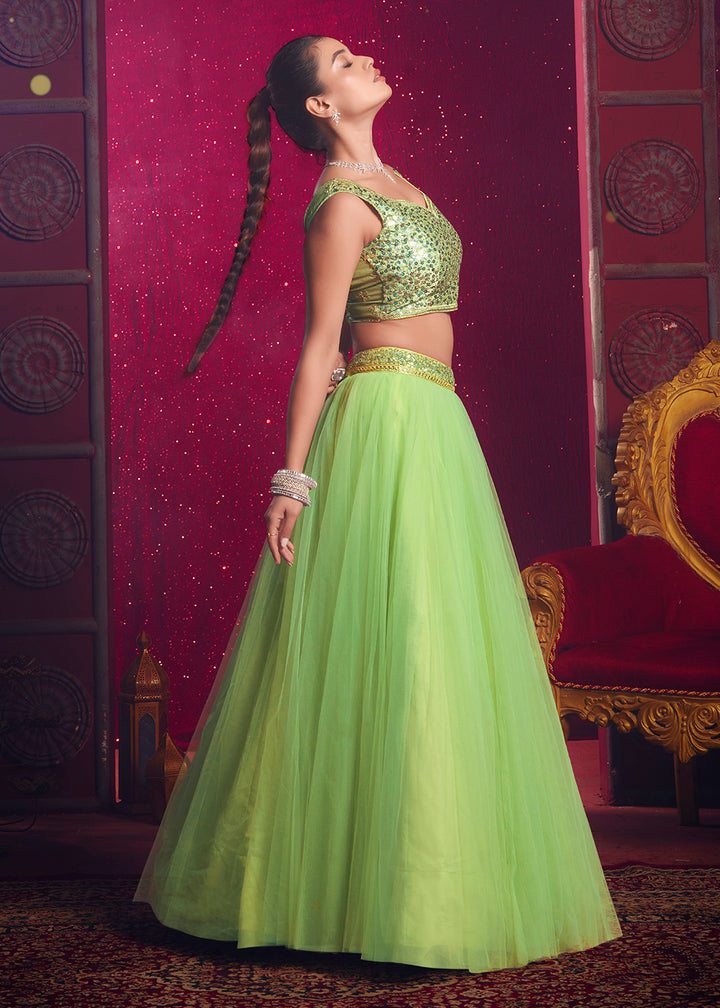 Buy Now Dark Pista Green Sequins Work Reception Lehenga Choli Online in USA, UK, Canada & Worldwide at Empress Clothing. 