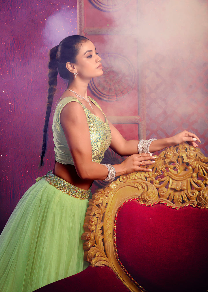 Buy Now Dark Pista Green Sequins Work Reception Lehenga Choli Online in USA, UK, Canada & Worldwide at Empress Clothing. 