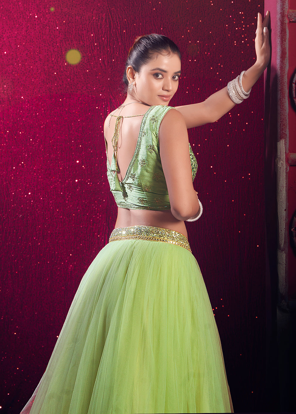 Buy Now Dark Pista Green Sequins Work Reception Lehenga Choli Online in USA, UK, Canada & Worldwide at Empress Clothing. 