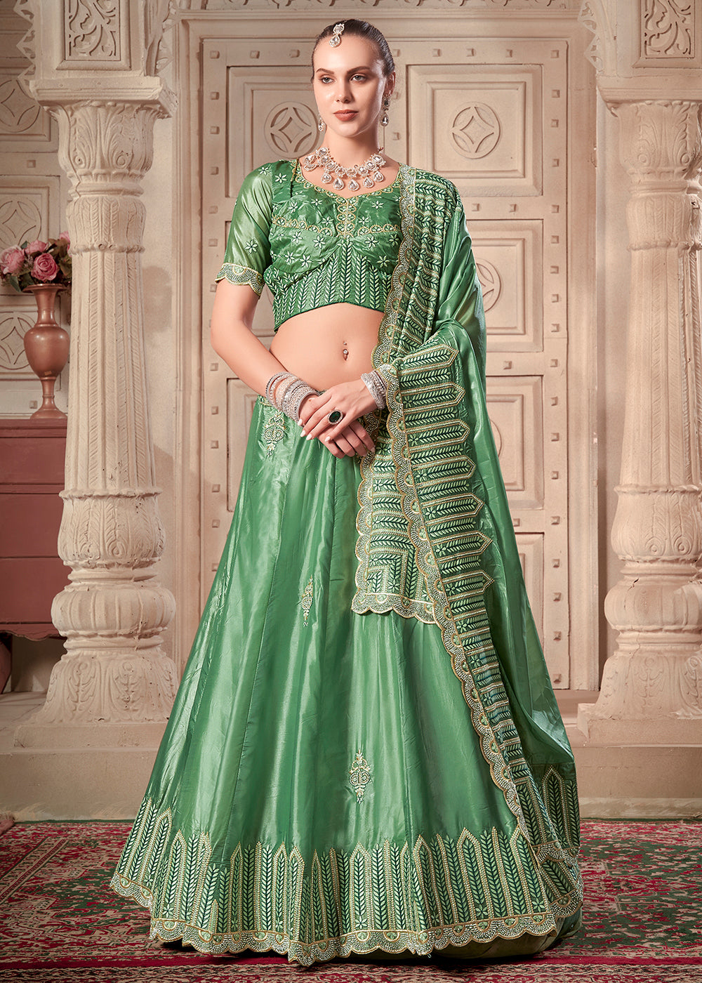 Buy Now Pista Green Soft Paper Silk Wedding Wear Lehenga Choli Online in USA, UK, Canada & Worldwide at Empress Clothing. 