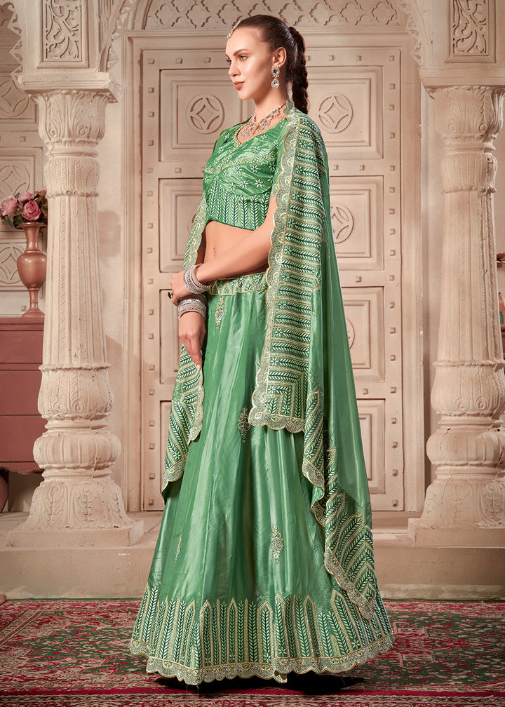 Buy Now Pista Green Soft Paper Silk Wedding Wear Lehenga Choli Online in USA, UK, Canada & Worldwide at Empress Clothing. 