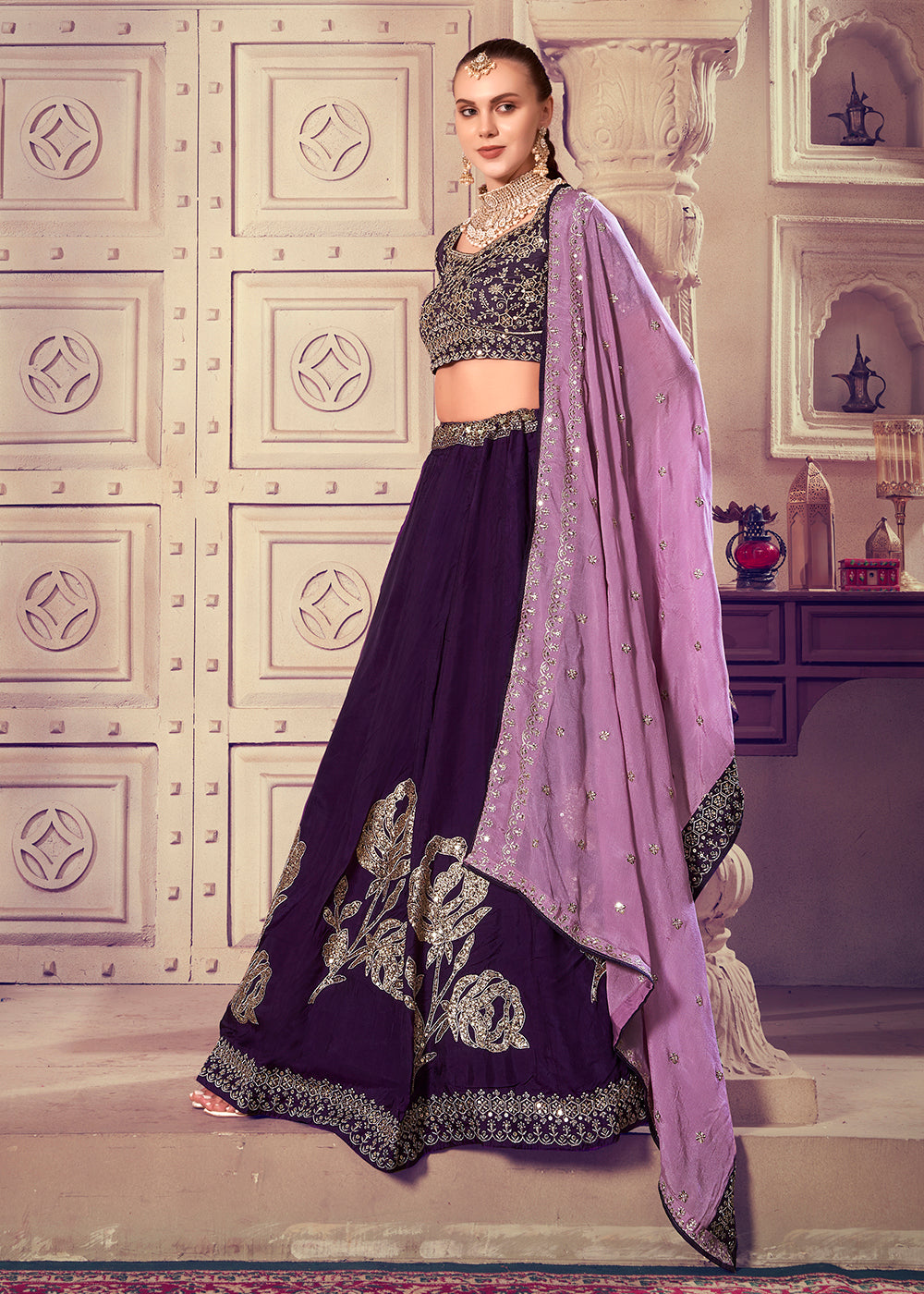 Buy Now Premium Wine Sequins Embroidered Designer Lehenga Choli Online in USA, UK, Canada & Worldwide at Empress Clothing.