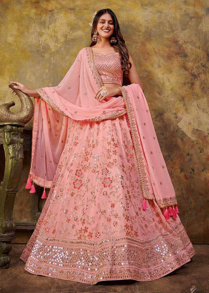 Buy Now Baby Pink Premium Georgette Sequins Wedding Lehenga Choli Online in USA, UK, Canada & Worldwide at Empress Clothing.