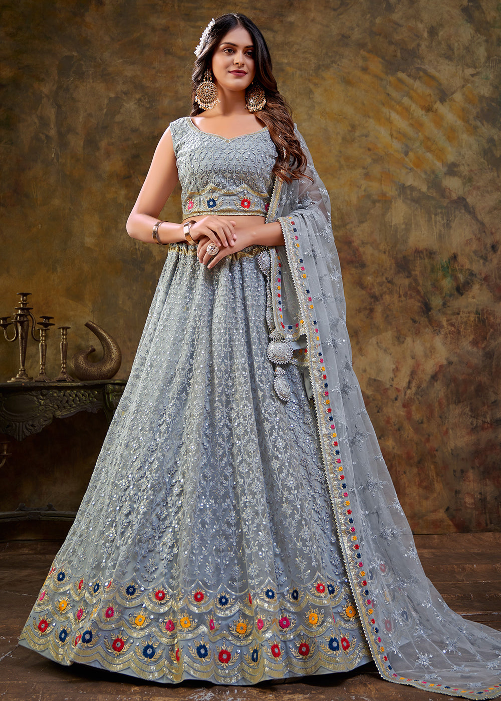 Buy Now Carolina Blue Premium Net Sequins Wedding Lehenga Choli Online in USA, UK, Canada & Worldwide at Empress Clothing.