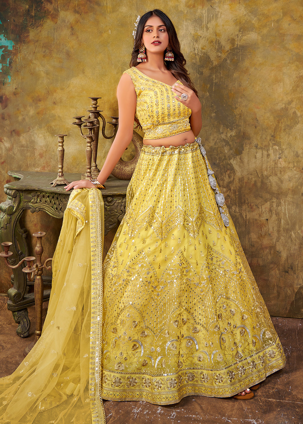 Buy Now Lemon Yellow Premium Net Sequins Wedding Lehenga Choli Online in USA, UK, Canada & Worldwide at Empress Clothing. 