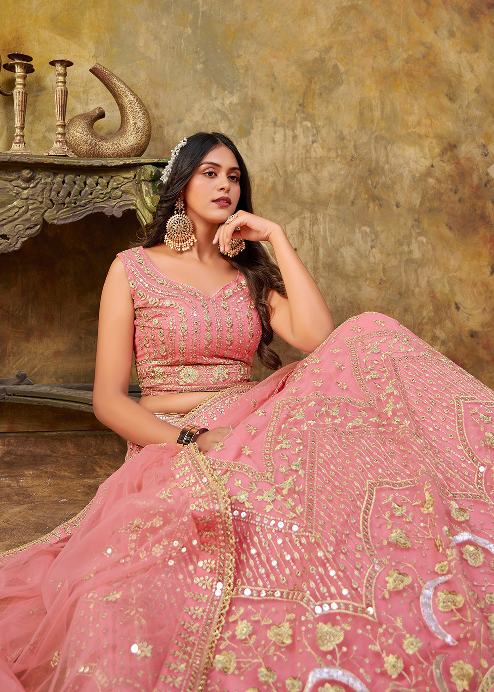 Buy Now Soft Pink Premium Net Sequins Wedding Lehenga Choli Online in USA, UK, Canada & Worldwide at Empress Clothing. 