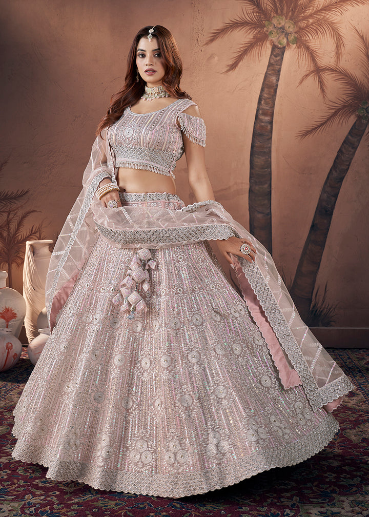 Buy Now Premium Net Baby Pink Heavy Handwork Bridal Lehenga Choli Online in USA, UK, Canada & Worldwide at Empress Clothing.