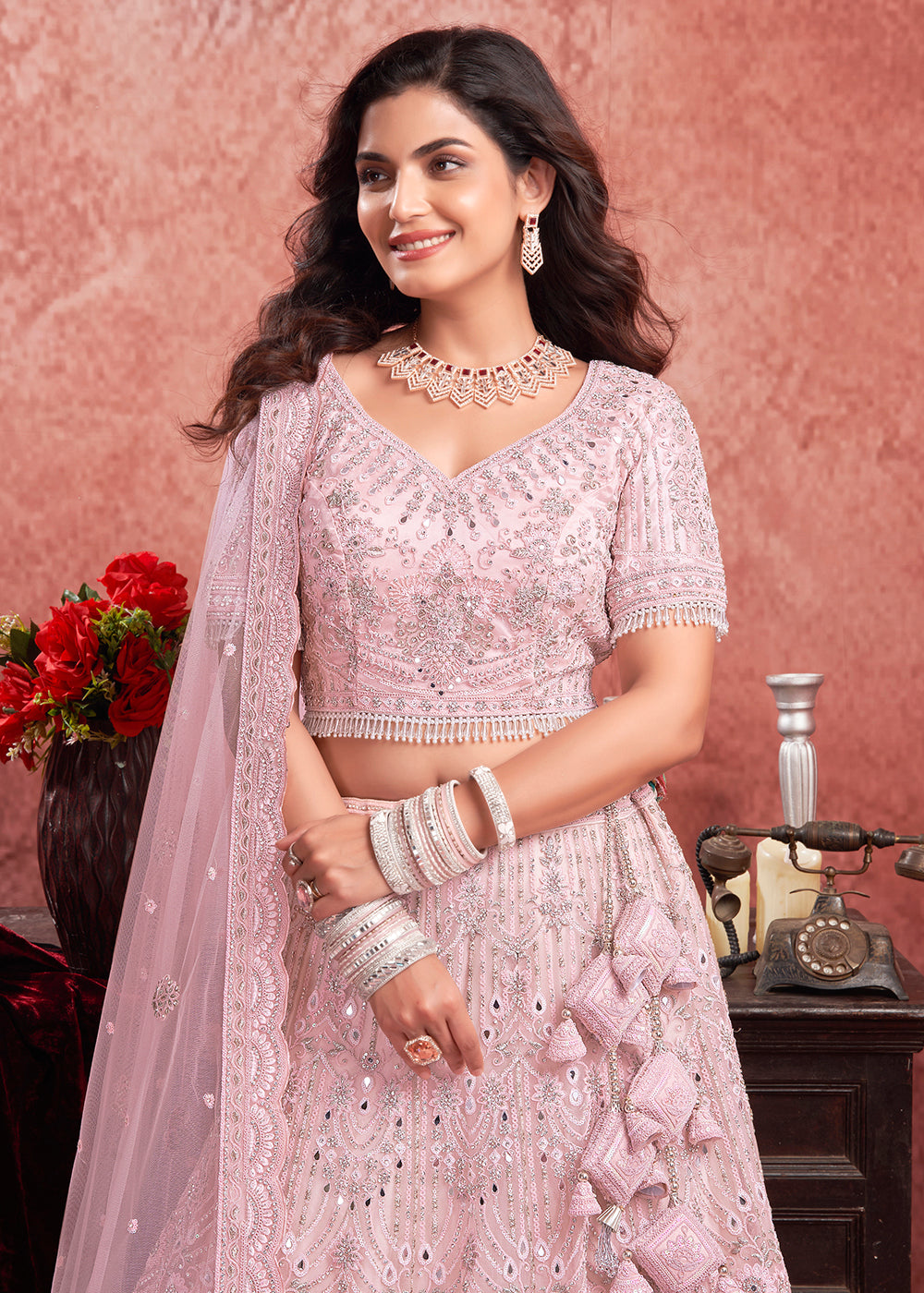 Buy Now Heavy Zarkan Embroidered Baby Pink Bridal Lehenga Choli Online in USA, UK, Canada & Worldwide at Empress Clothing. 